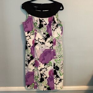 AGB Sheath Dress /Contrasting Black Boat Neckline Abstract Purple Floral Size 12